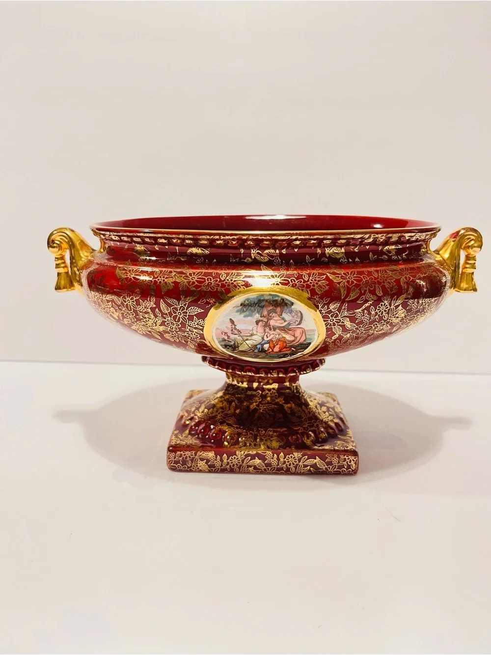 Vintage 1930’s Empire Ware Wine Red & Gold Floral Design Set of 2  Footed Urns